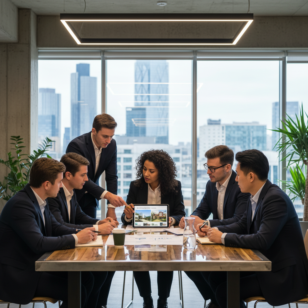 A diverse group of young professionals from different ethnic backgrounds, smartly dressed, gathered around a table in a modern office, earnestly discussing financial documents and property plans. They are looking at a tablet showing UK property listings. Photorealistic.
