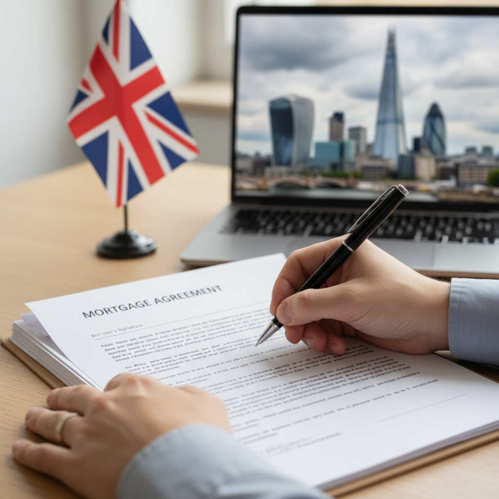 A close-up, high-angle, photorealistic shot of an expat's hands, wearing a subtle wedding ring, signing important mortgage documents. In the blurred background, a small Union Jack flag is visible on a desk, next to a modern laptop displaying a UK city skyline. The lighting is soft and professional.