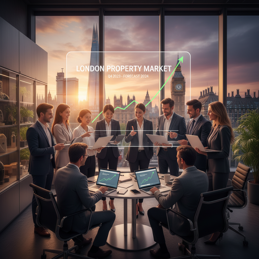 A diverse group of people, some with laptops, looking at a property investment graph showing upward trends, set against a backdrop of iconic London landmarks like the Shard and Big Ben. The atmosphere is optimistic and professional, golden hour lighting, photorealistic.