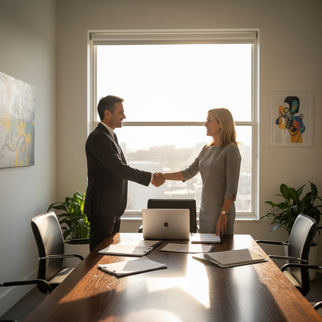 A professional expat investor shaking hands with a UK solicitor in a modern office, documents and a laptop visible on the table. Sunlight streams through a large window, creating a warm, inviting atmosphere, photorealistic.