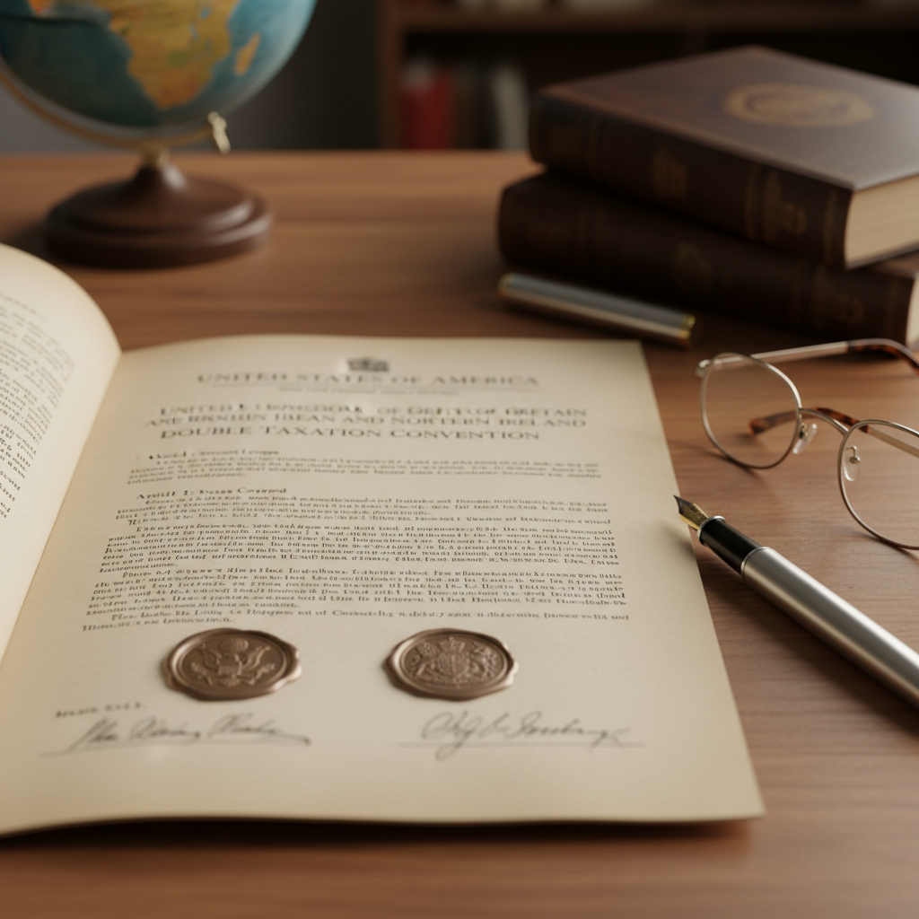 A detailed, photorealistic close-up of the US-UK Tax Treaty document, open on a desk, with a pen and glasses nearby. The document shows text and official seals, representing the legal nature of the agreement. Soft, professional lighting.
