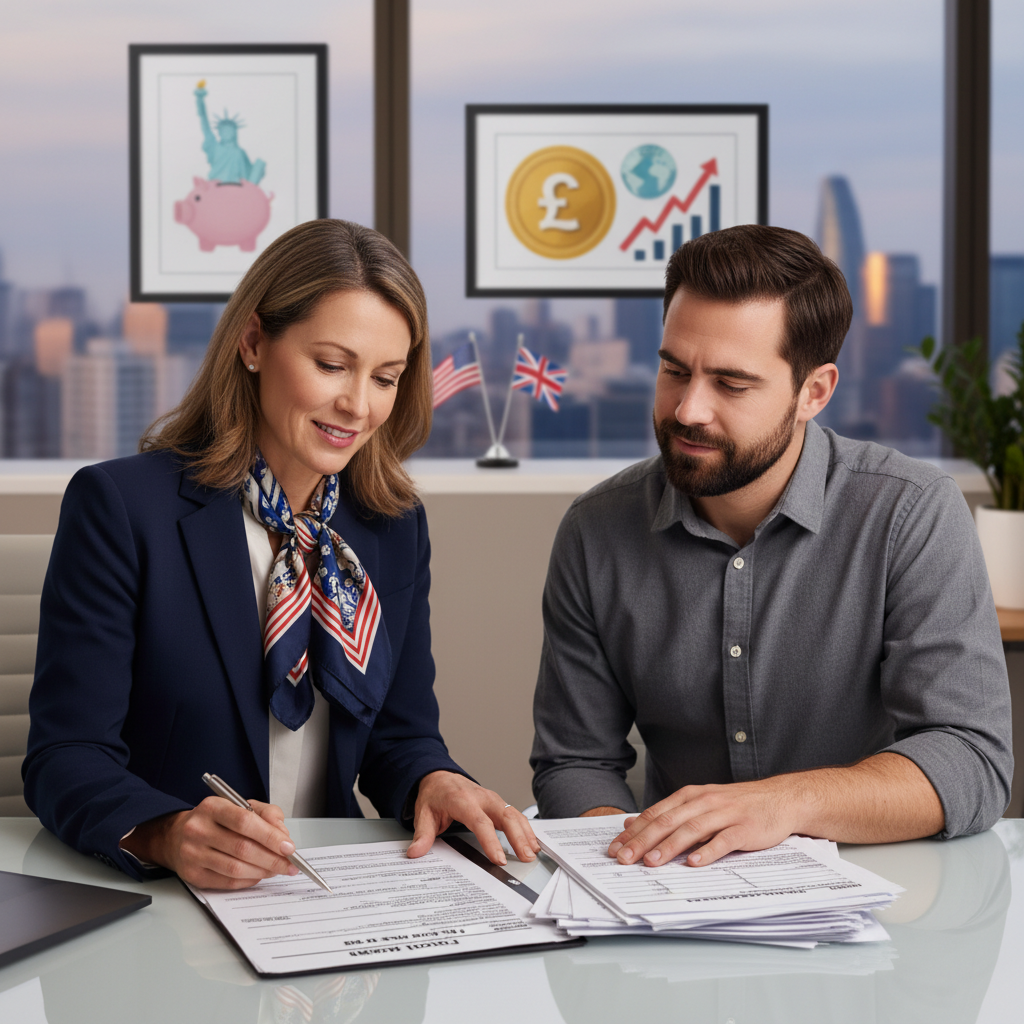 A professional financial advisor in a modern office, clearly explaining complex tax documents to a thoughtful US expat. The expat is engaged, looking at the documents, and appears relieved. The background includes a subtle blend of US and UK financial iconography.