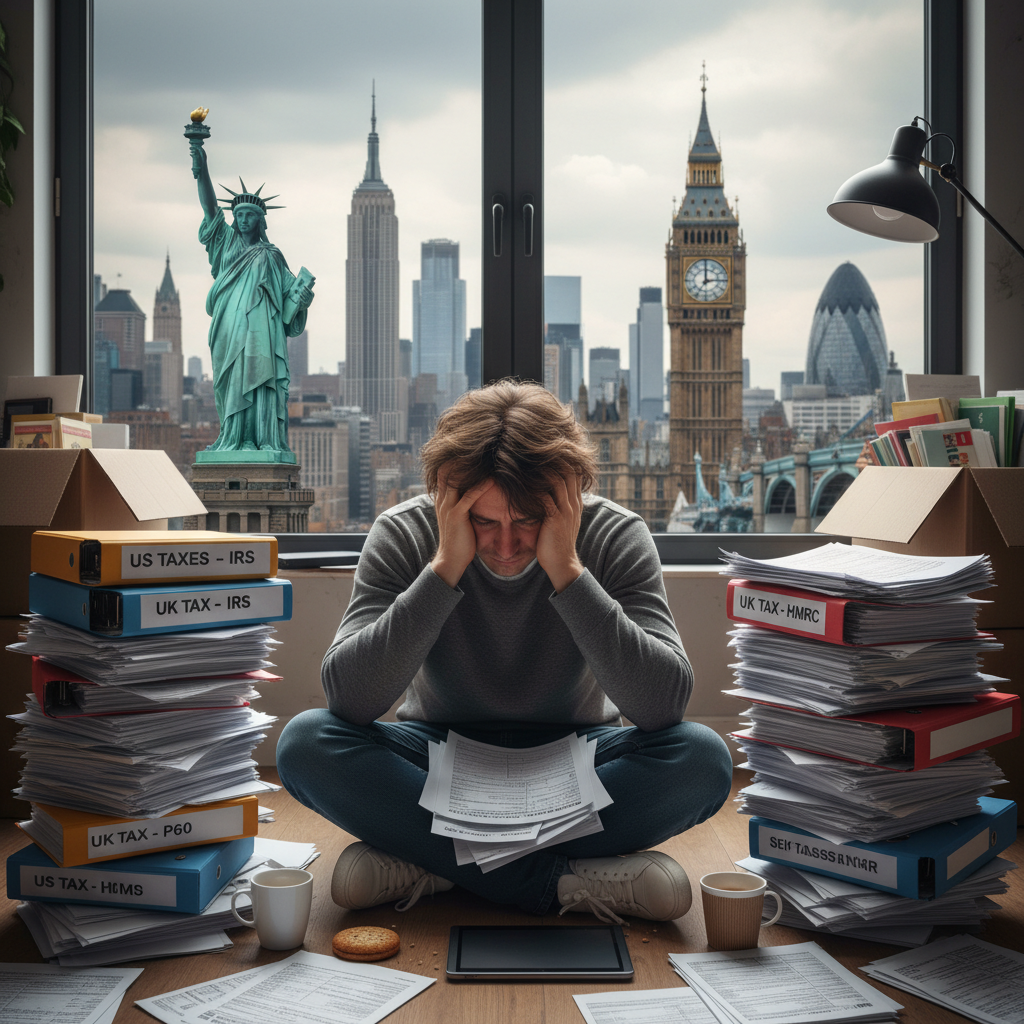 A frustrated US expat in the UK, surrounded by stacks of tax documents from both the US and UK, looking overwhelmed. The background shows iconic landmarks from both countries. Photorealistic, high detail.