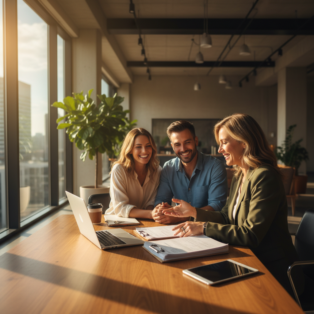 A knowledgeable tax advisor, a friendly and reassuring woman in her 40s, explaining tax documents to a happy, relieved US expat couple in a modern office. Sunlight streams in. Photorealistic, warm tones.